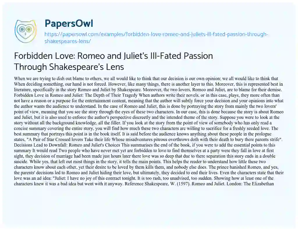 Essay on Forbidden Love: Romeo and Juliet’s Ill-Fated Passion through Shakespeare’s Lens