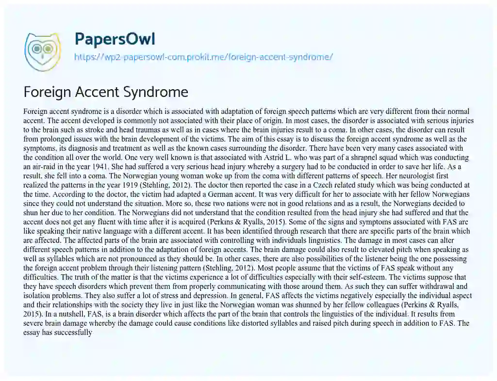 Foreign Accent Syndrome essay