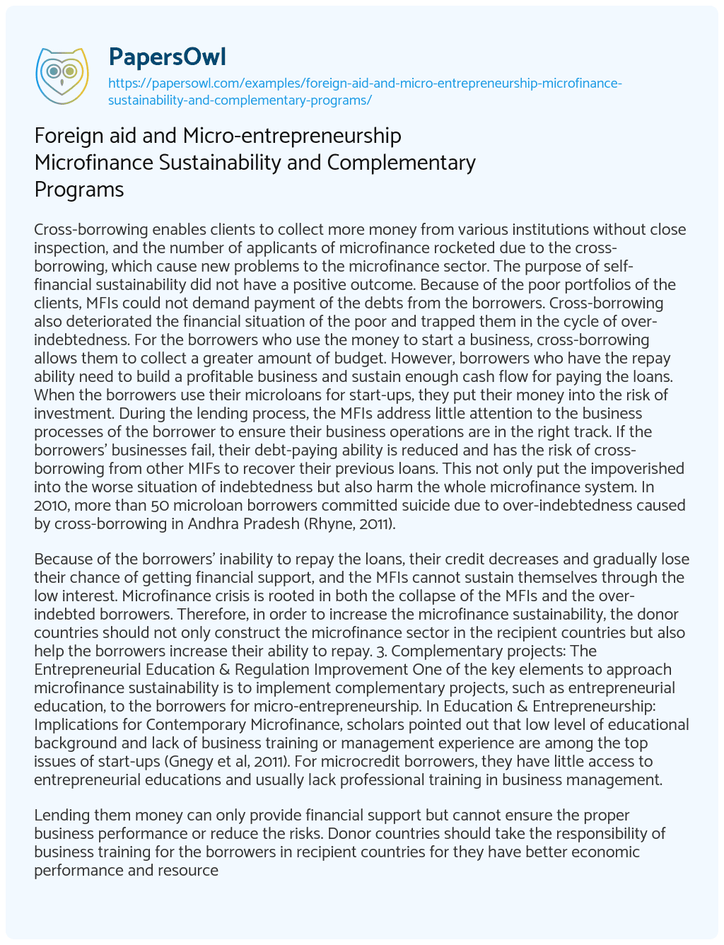 Essay on Foreign Aid and Micro-entrepreneurship Microfinance Sustainability and Complementary Programs