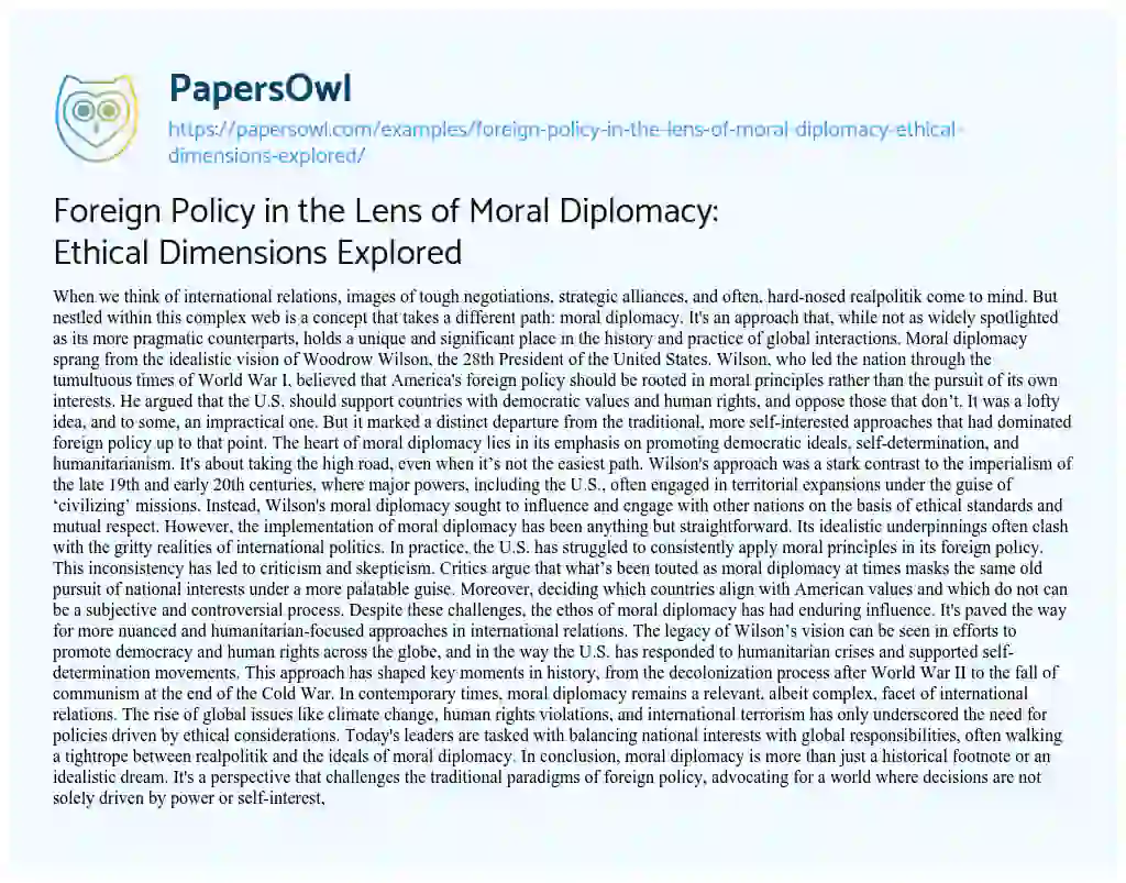 Essay on Foreign Policy in the Lens of Moral Diplomacy: Ethical Dimensions Explored