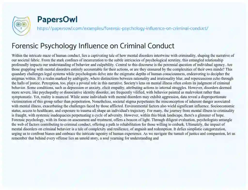 Essay on Forensic Psychology Influence on Criminal Conduct