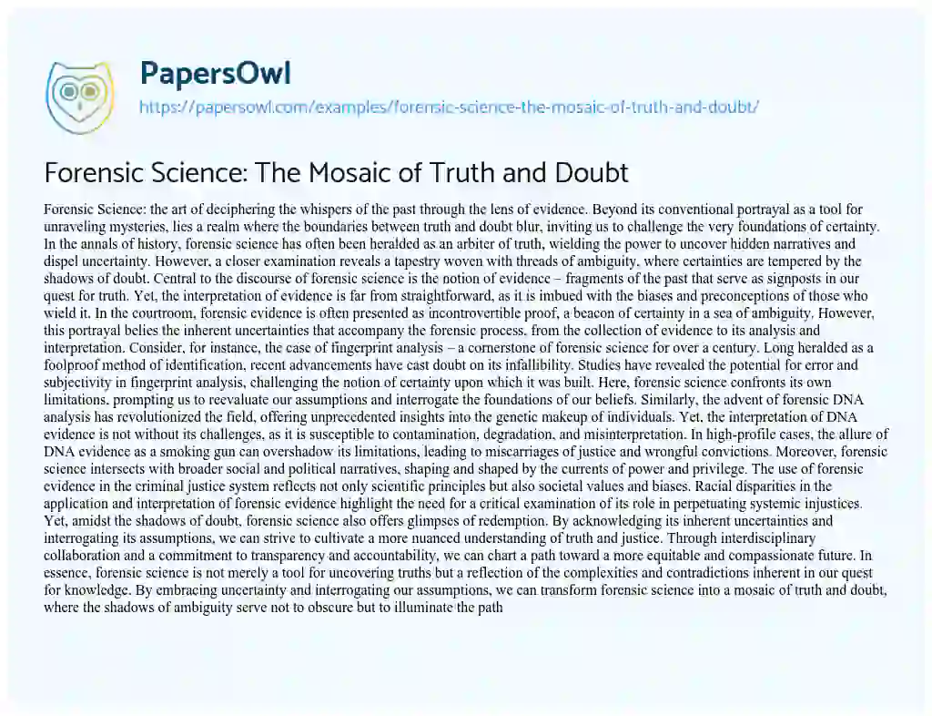Essay on Forensic Science: the Mosaic of Truth and Doubt