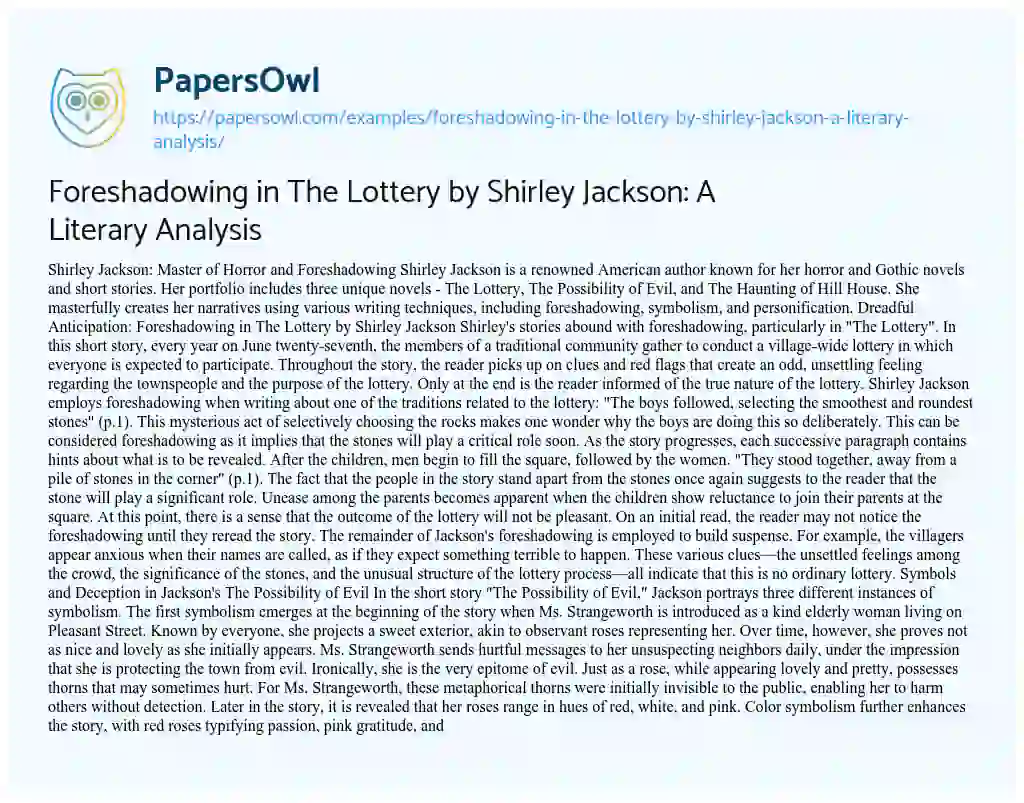 Essay on Foreshadowing in the Lottery by Shirley Jackson: a Literary Analysis