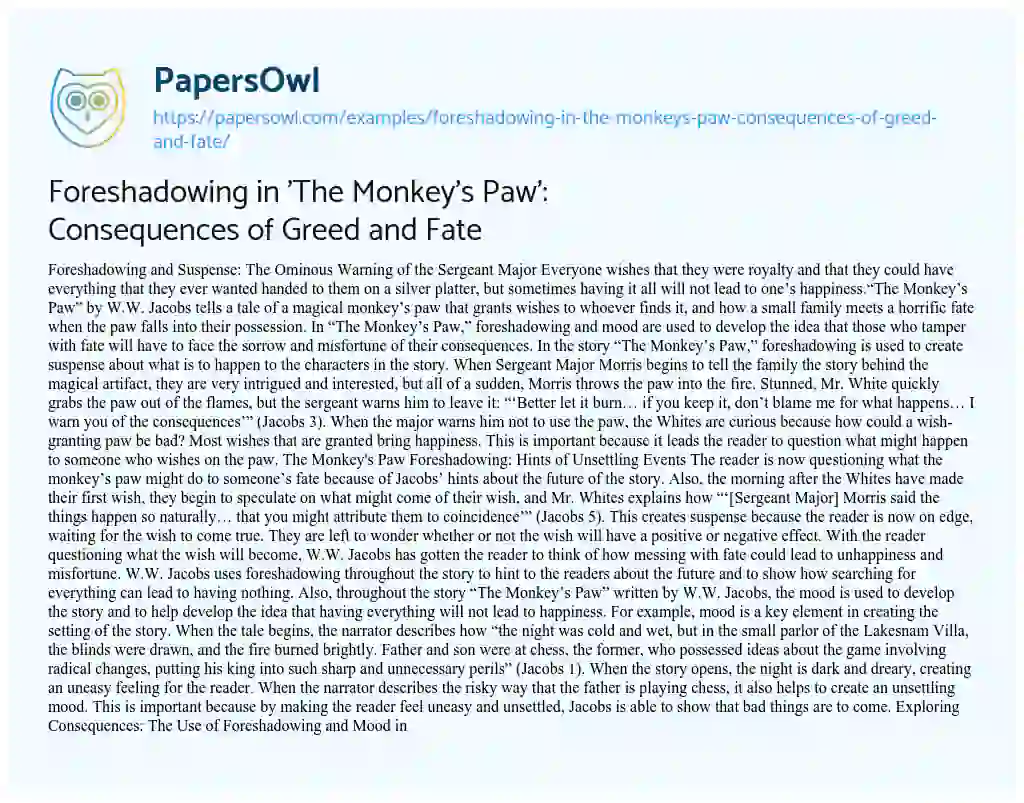 Essay on Foreshadowing in ‘The Monkey’s Paw’: Consequences of Greed and Fate