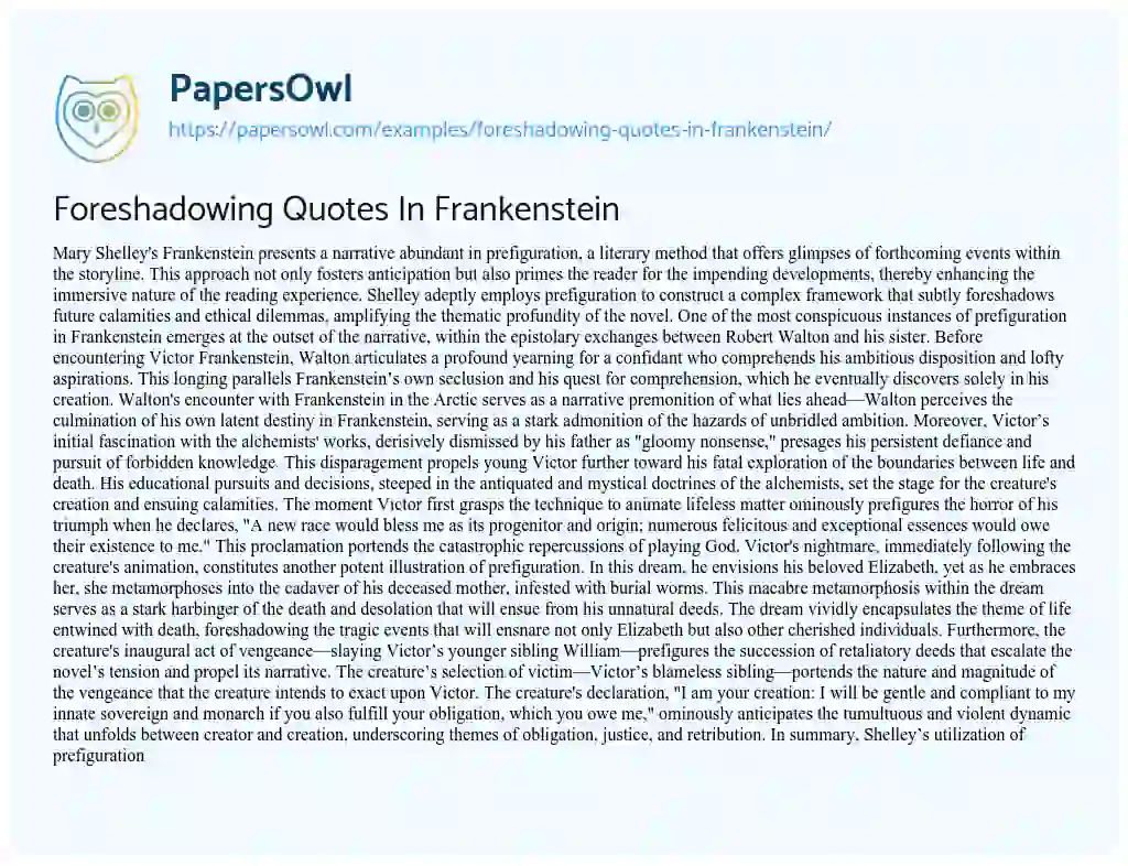 Essay on Foreshadowing Quotes in Frankenstein