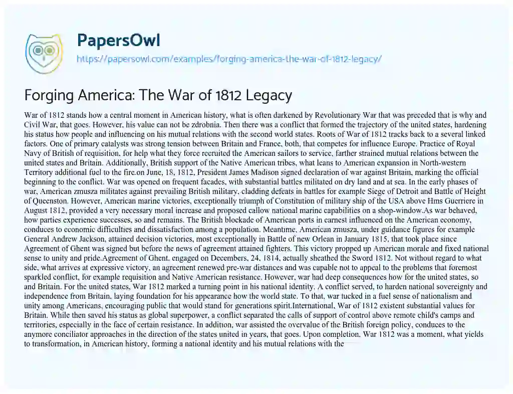 Essay on Forging America: the War of 1812 Legacy
