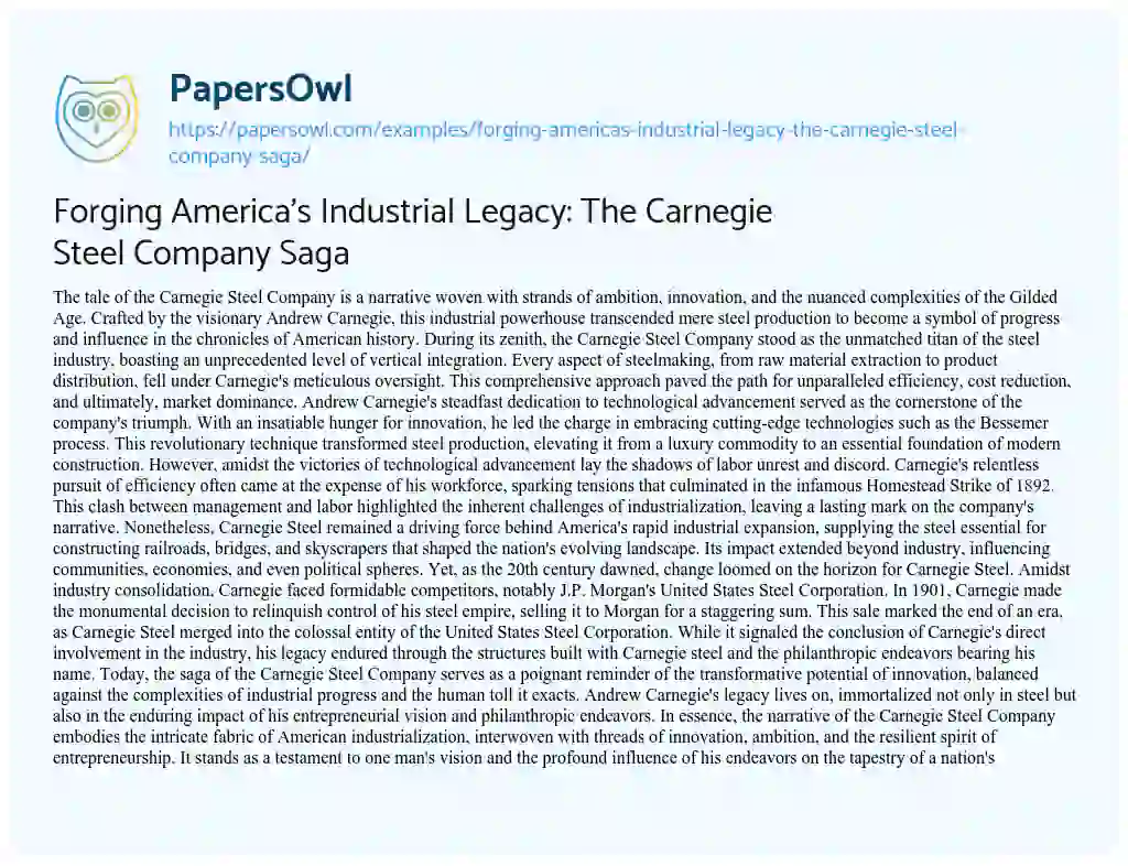 Essay on Forging America’s Industrial Legacy: the Carnegie Steel Company Saga