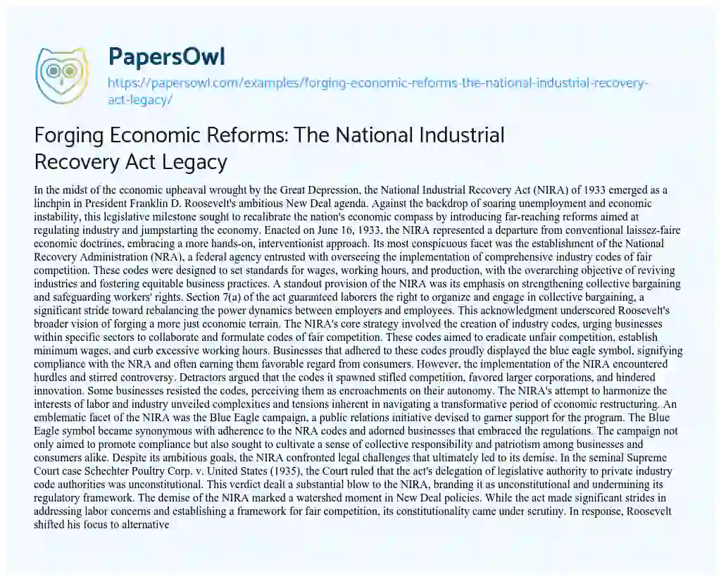 Essay on Forging Economic Reforms: the National Industrial Recovery Act Legacy