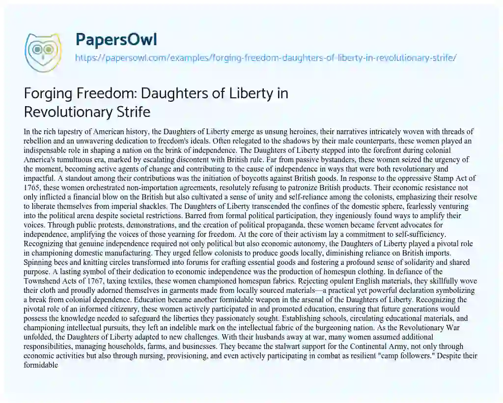 Essay on Forging Freedom: Daughters of Liberty in Revolutionary Strife