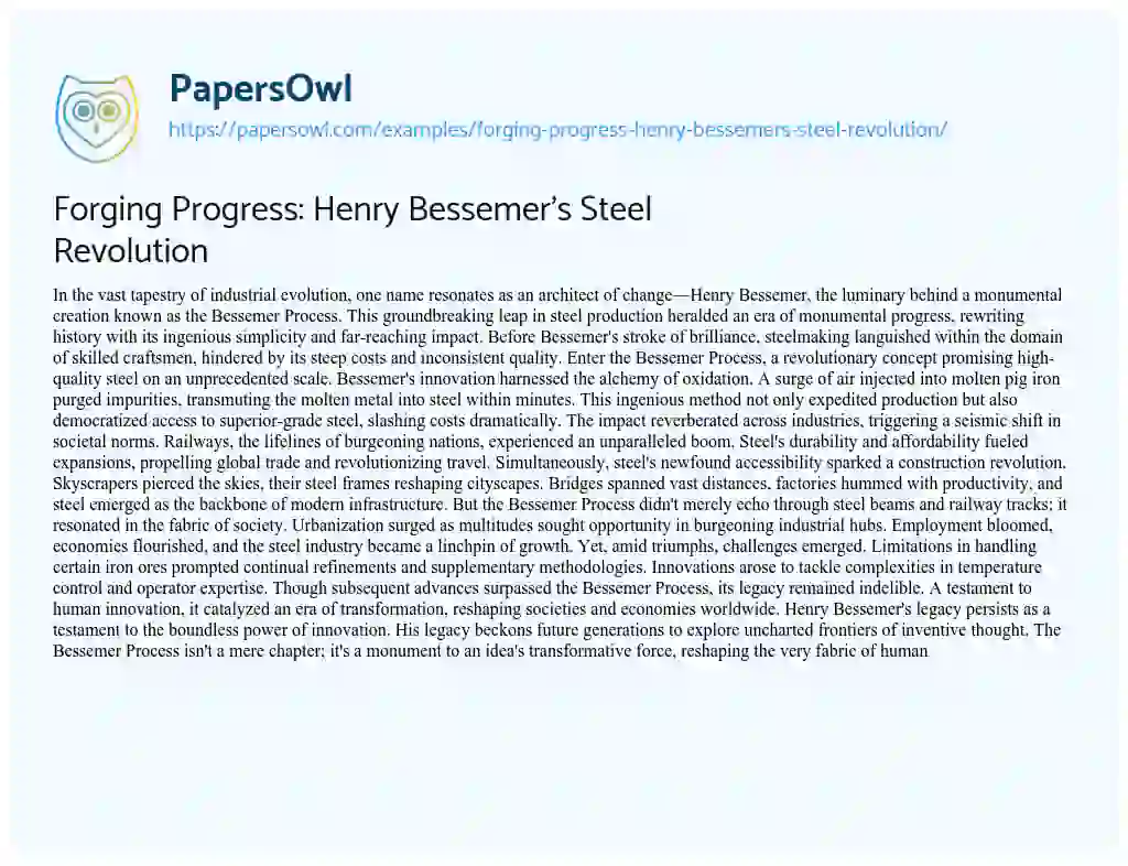 Essay on Forging Progress: Henry Bessemer’s Steel Revolution