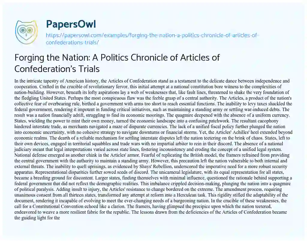 Essay on Forging the Nation: a Politics Chronicle of Articles of Confederation’s Trials