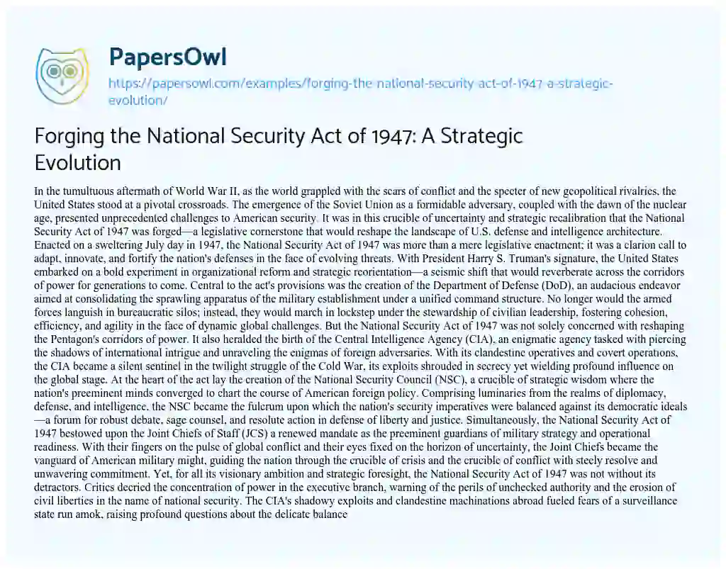 Essay on Forging the National Security Act of 1947: a Strategic Evolution