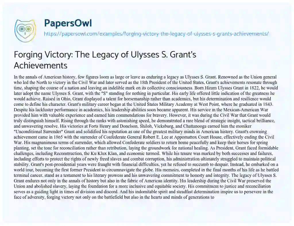 Essay on Forging Victory: the Legacy of Ulysses S. Grant’s Achievements