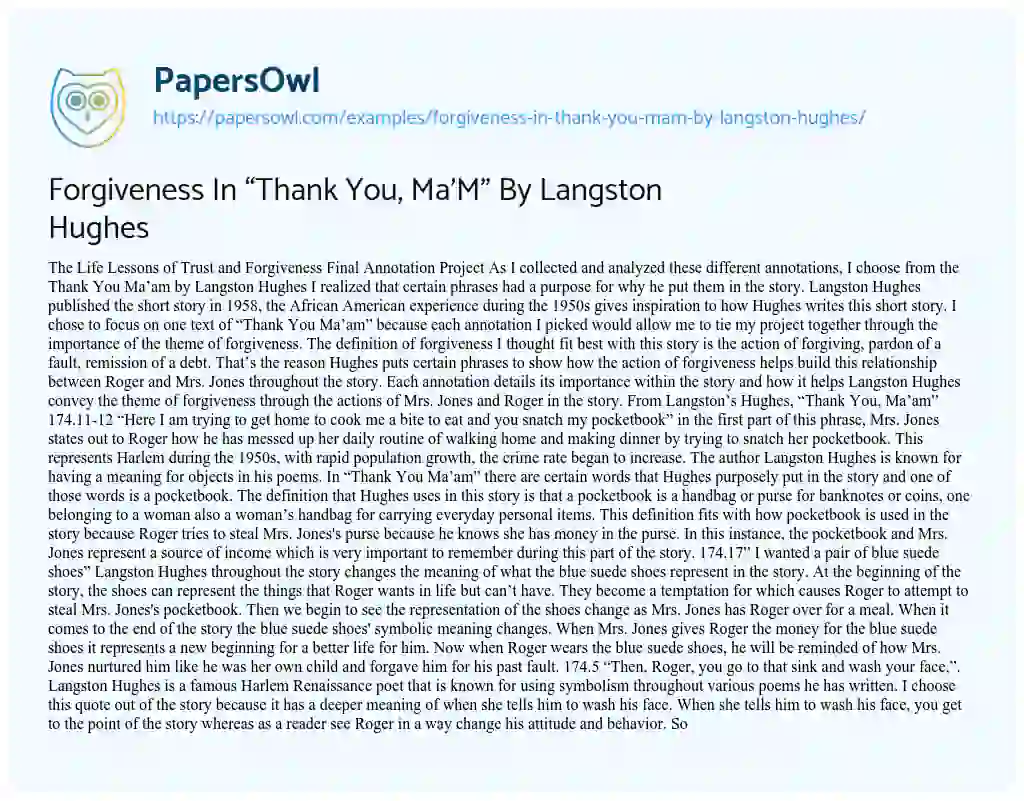 Essay on Forgiveness in “Thank You, Ma’M” by Langston Hughes