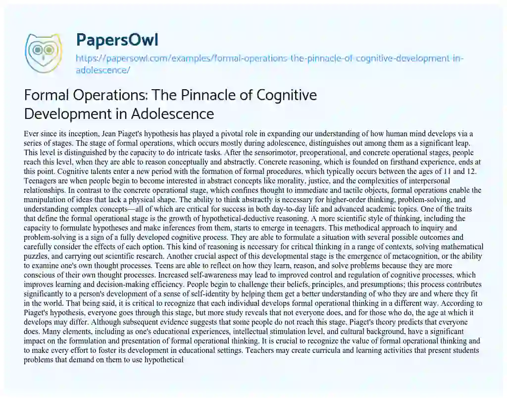 Essay on Formal Operations: the Pinnacle of Cognitive Development in Adolescence
