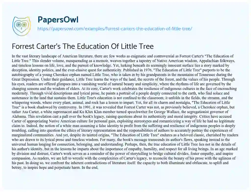 Essay on Forrest Carter’s the Education of Little Tree