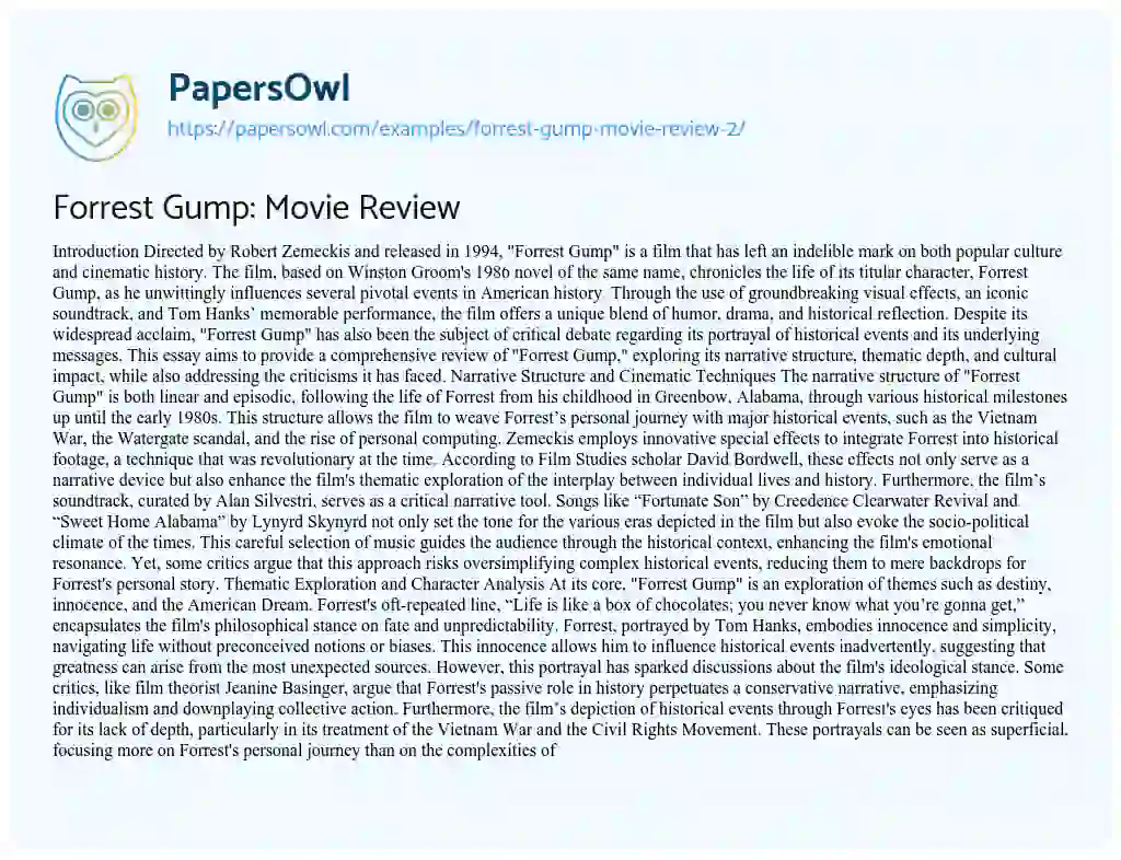 Essay on Forrest Gump: Movie Review