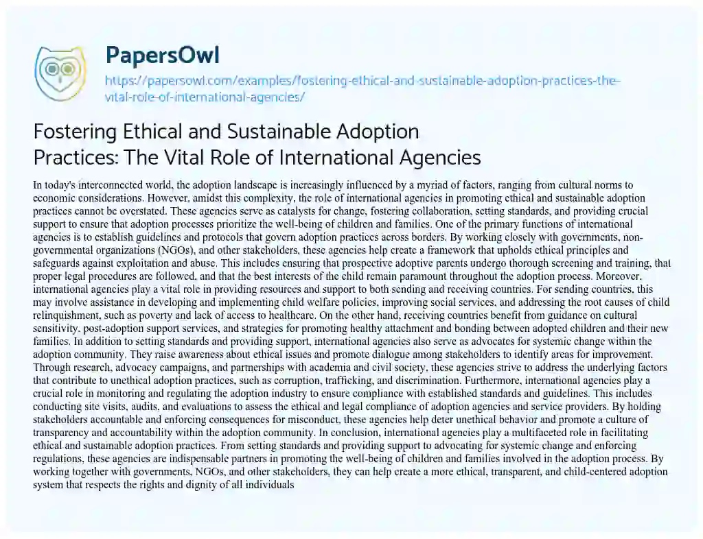 Essay on Fostering Ethical and Sustainable Adoption Practices: the Vital Role of International Agencies