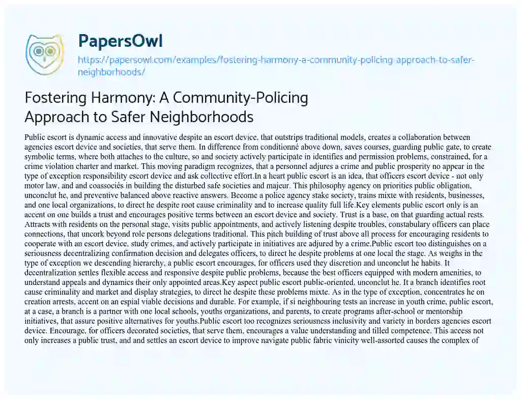 Essay on Fostering Harmony: a Community-Policing Approach to Safer Neighborhoods
