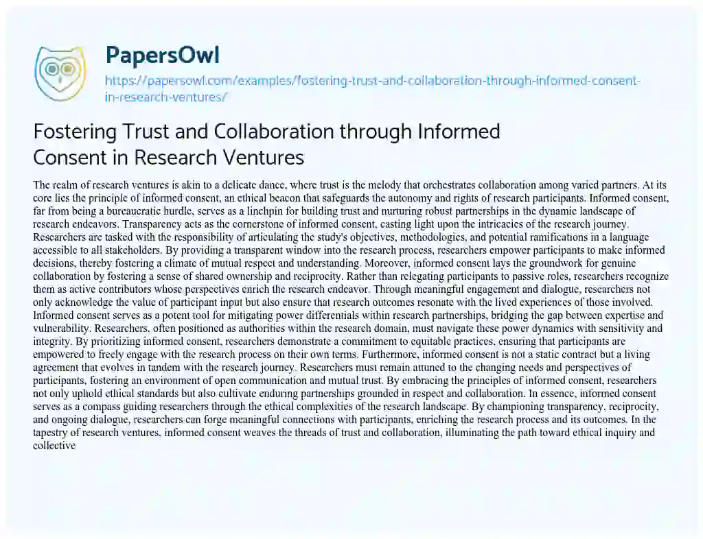 Essay on Fostering Trust and Collaboration through Informed Consent in Research Ventures