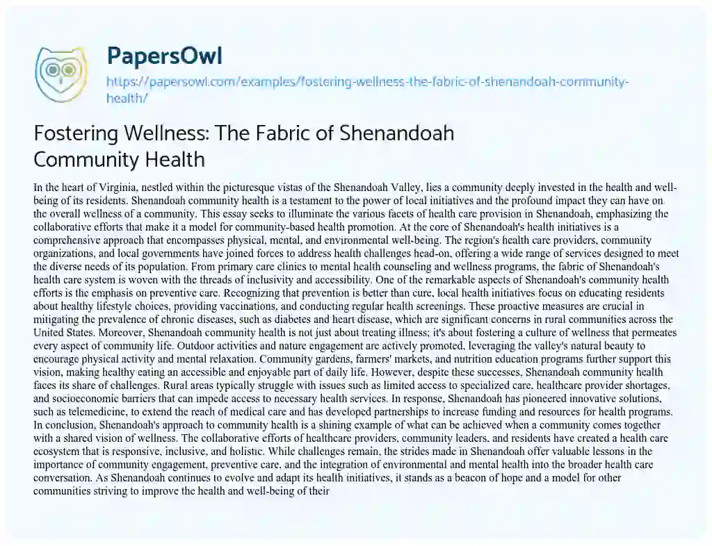 Essay on Fostering Wellness: the Fabric of Shenandoah Community Health