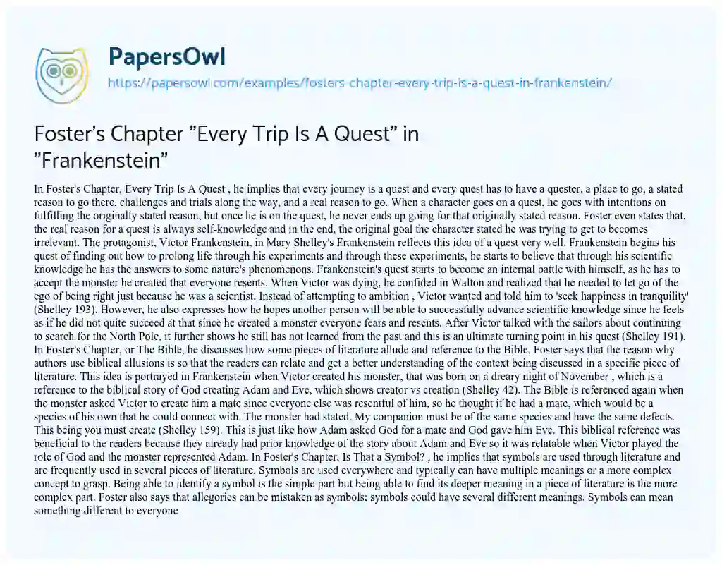 Foster’s Chapter “Every Trip is a Quest” in “Frankenstein” essay