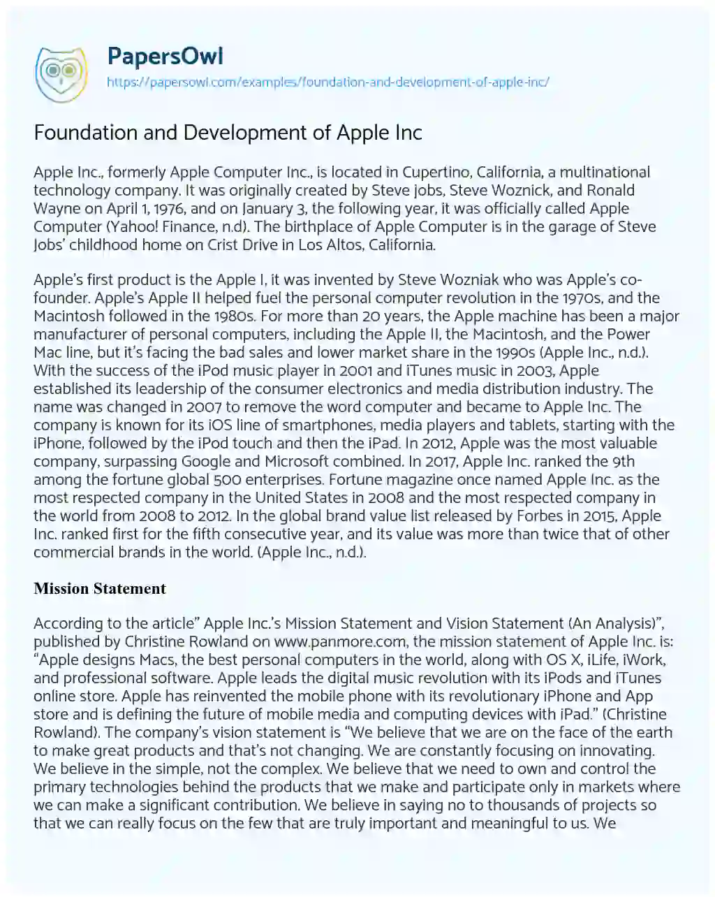 Essay on Foundation and Development of Apple Inc