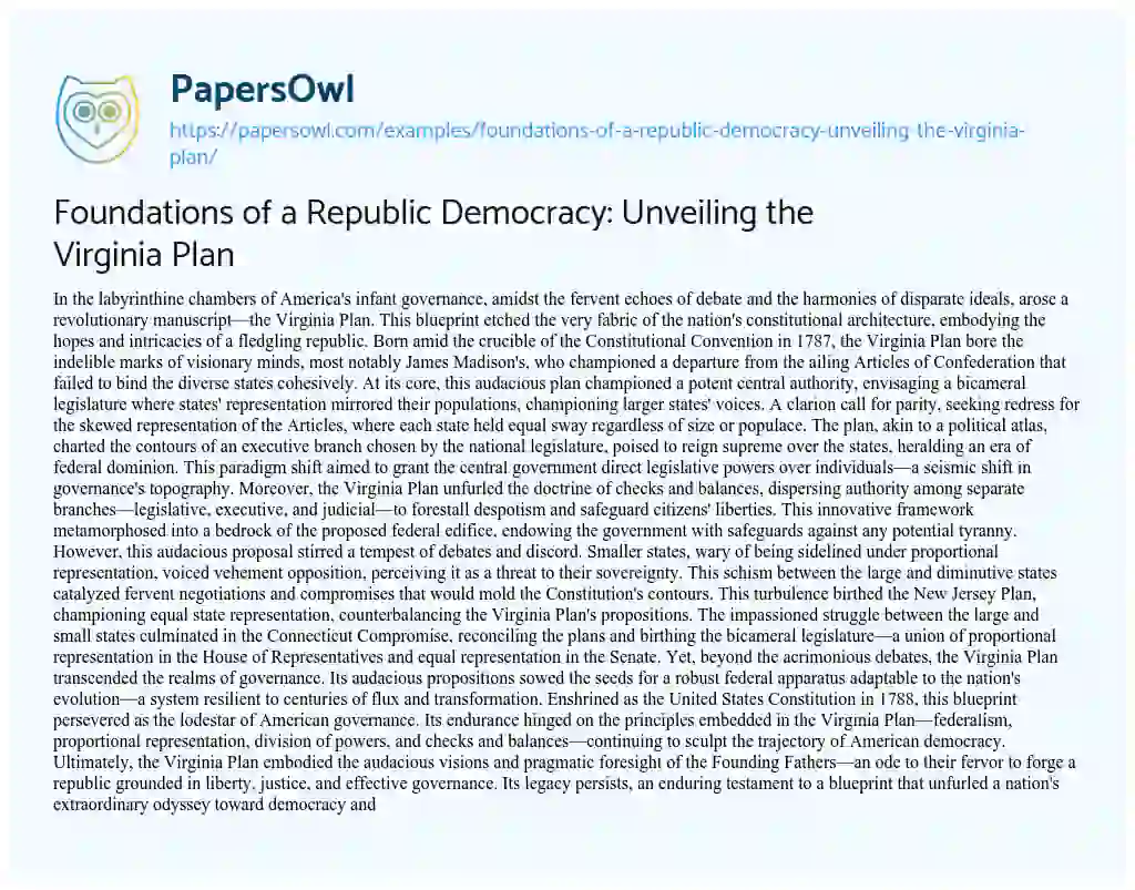 Essay on Foundations of a Republic Democracy: Unveiling the Virginia Plan