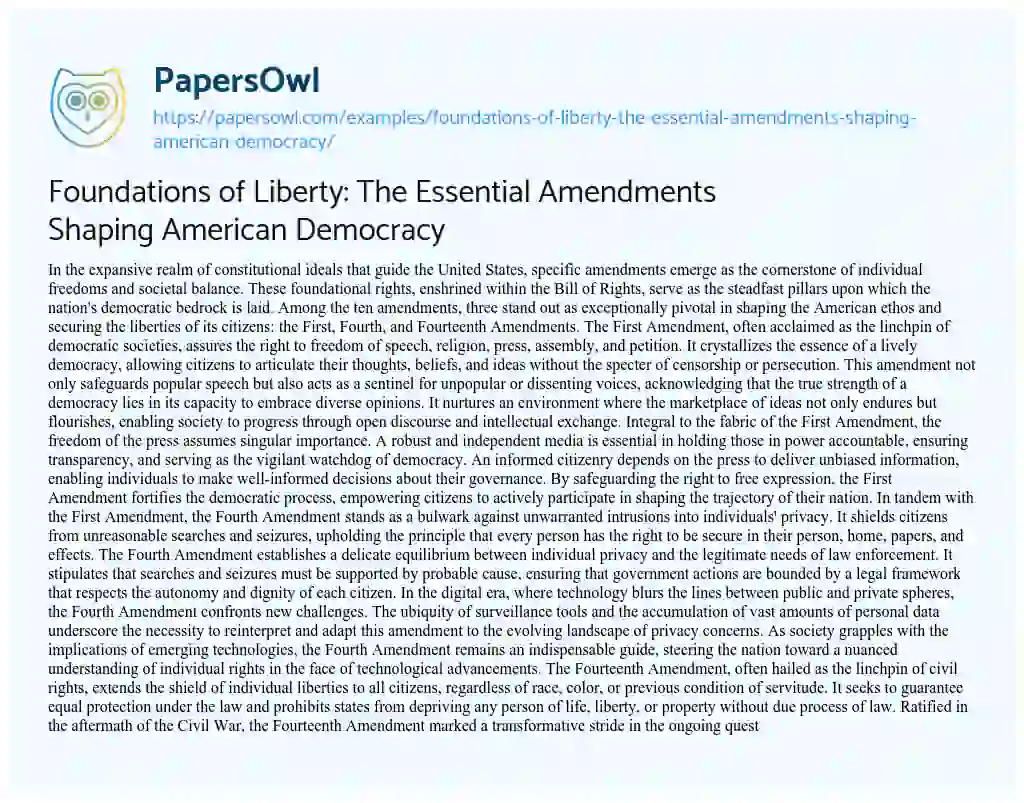 Essay on Foundations of Liberty: the Essential Amendments Shaping American Democracy