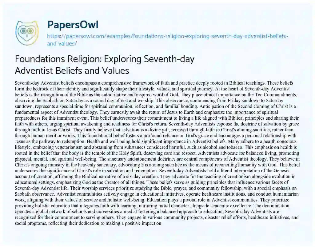 Essay on Foundations Religion: Exploring Seventh-day Adventist Beliefs and Values