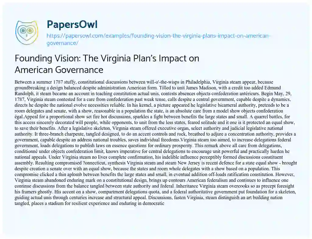Essay on Founding Vision: the Virginia Plan’s Impact on American Governance