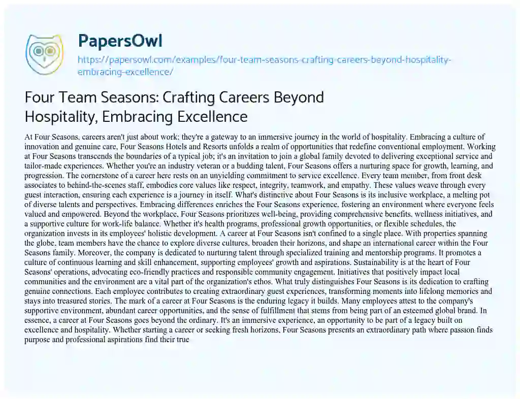 Essay on Four Team Seasons: Crafting Careers Beyond Hospitality, Embracing Excellence