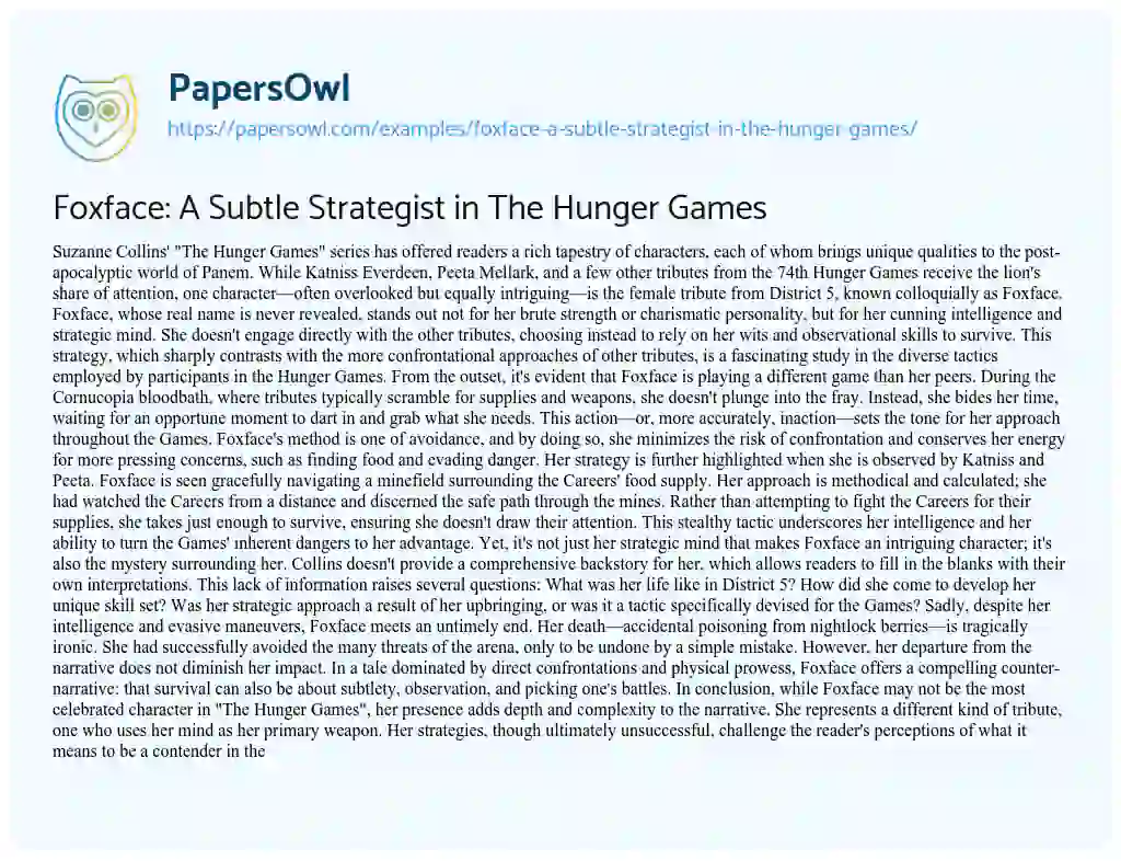Essay on Foxface: a Subtle Strategist in the Hunger Games