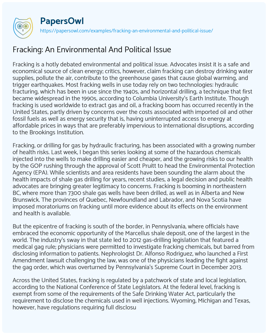 Essay on Fracking: an Environmental and Political Issue