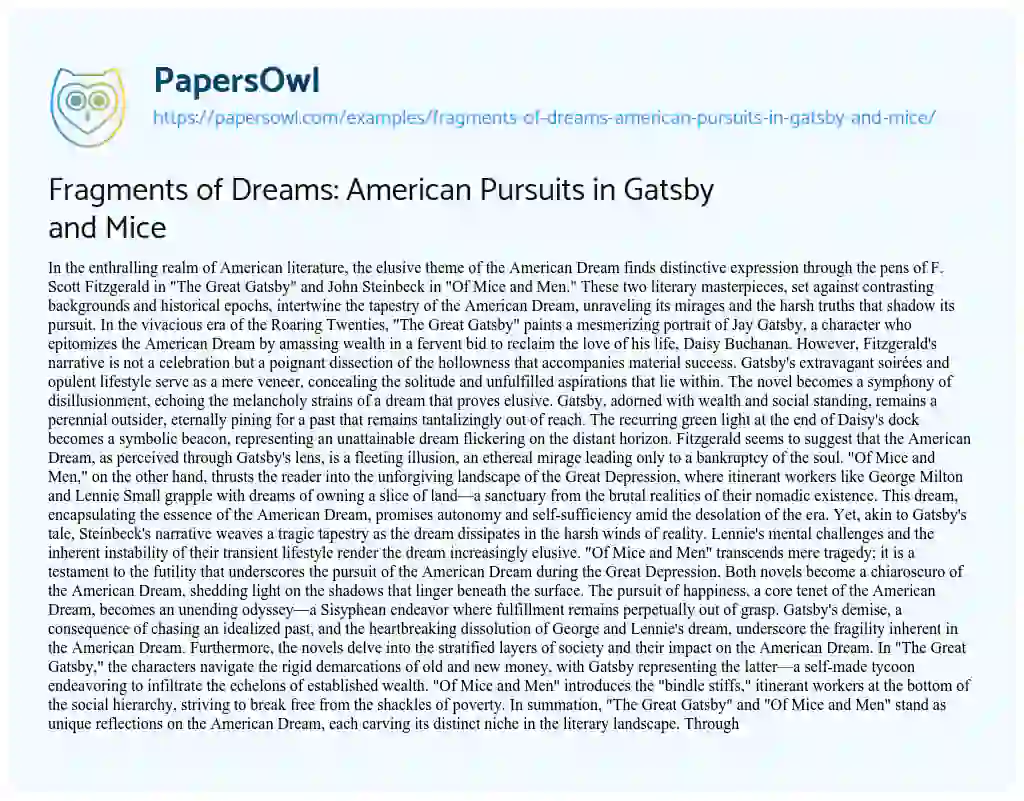 Essay on Fragments of Dreams: American Pursuits in Gatsby and Mice