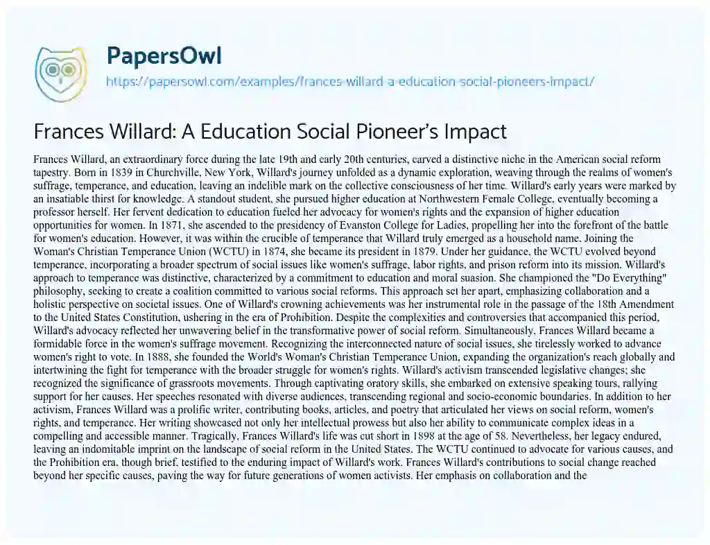 Essay on Frances Willard: a Education Social Pioneer’s Impact