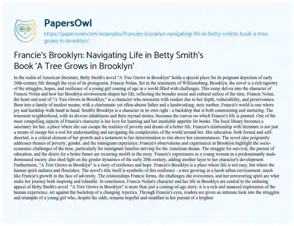 Essay on Francie’s Brooklyn: Navigating Life in Betty Smith’s Book ‘A Tree Grows in Brooklyn’