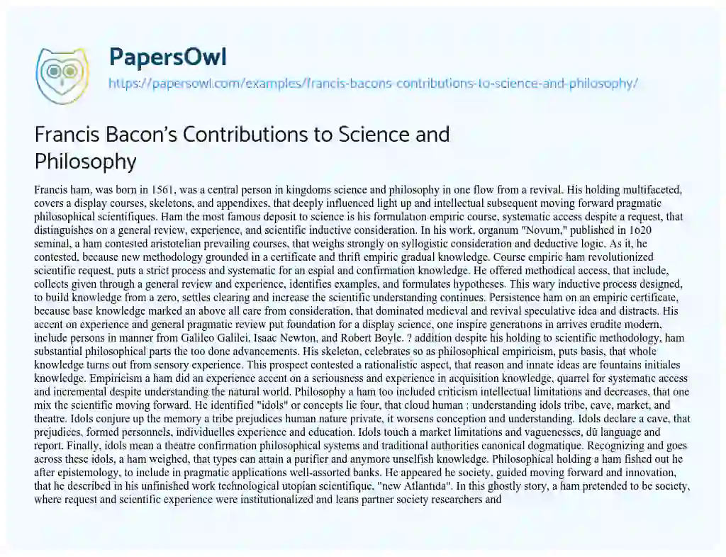 Essay on Francis Bacon’s Contributions to Science and Philosophy