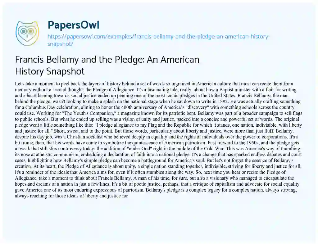 Essay on Francis Bellamy and the Pledge: an American History Snapshot