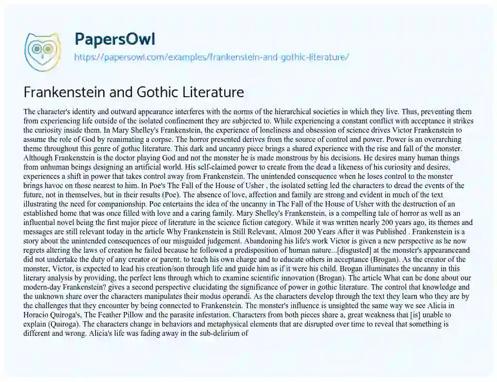 Essay on Frankenstein and Gothic Literature
