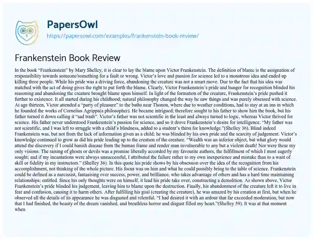 Essay on Frankenstein Book Review