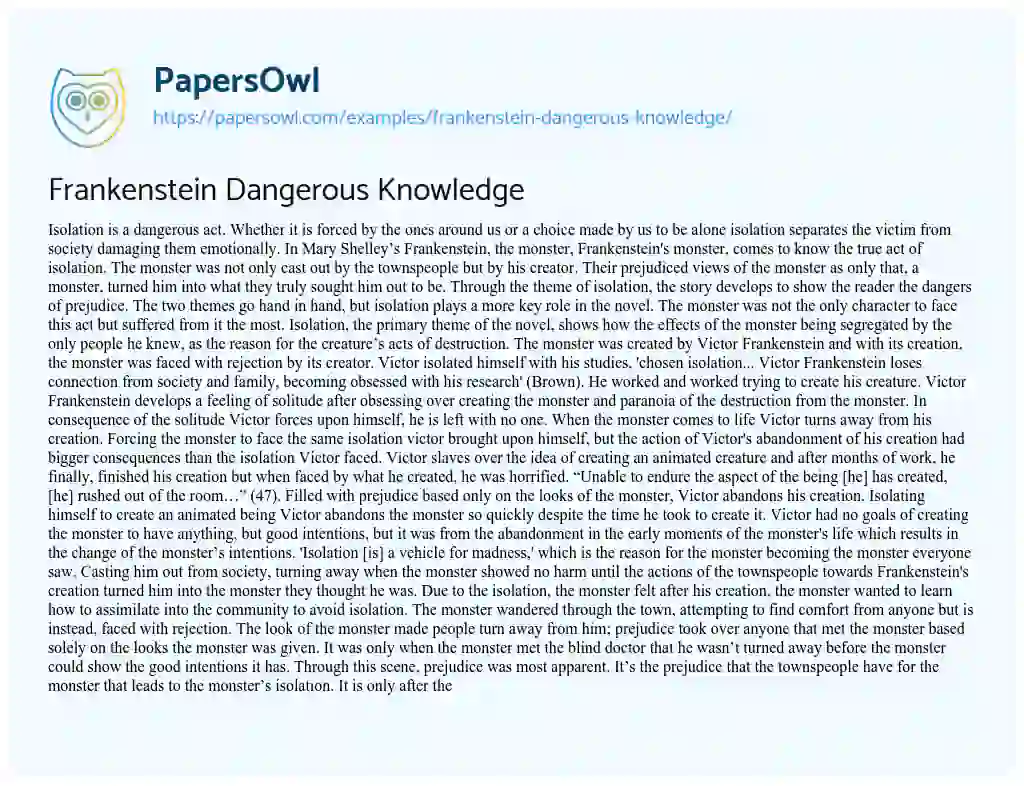 Frankenstein Dangerous Knowledge essay