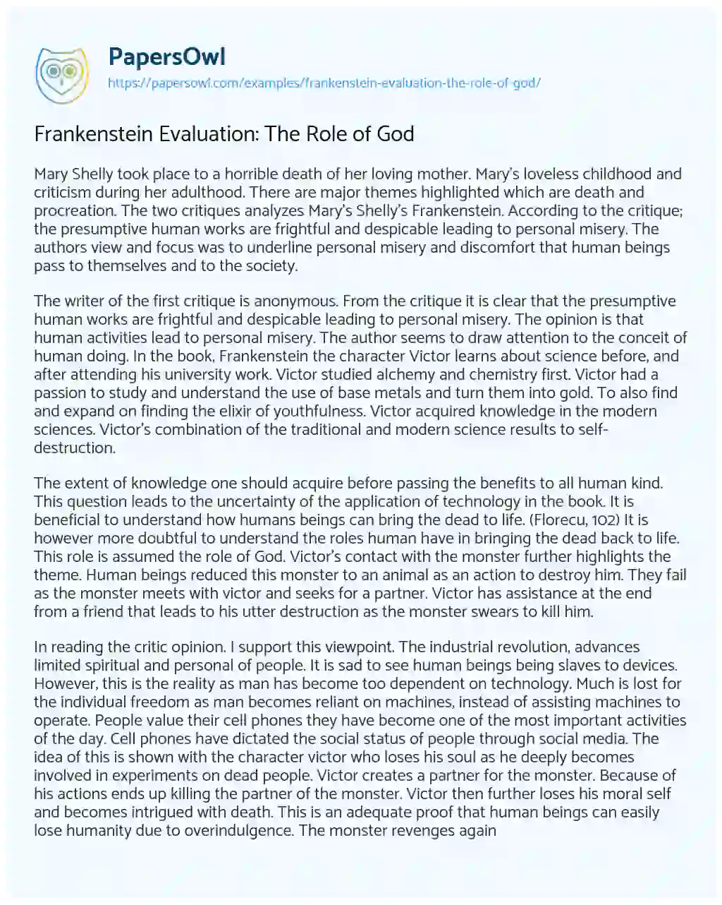 Essay on Frankenstein Evaluation: the Role of God