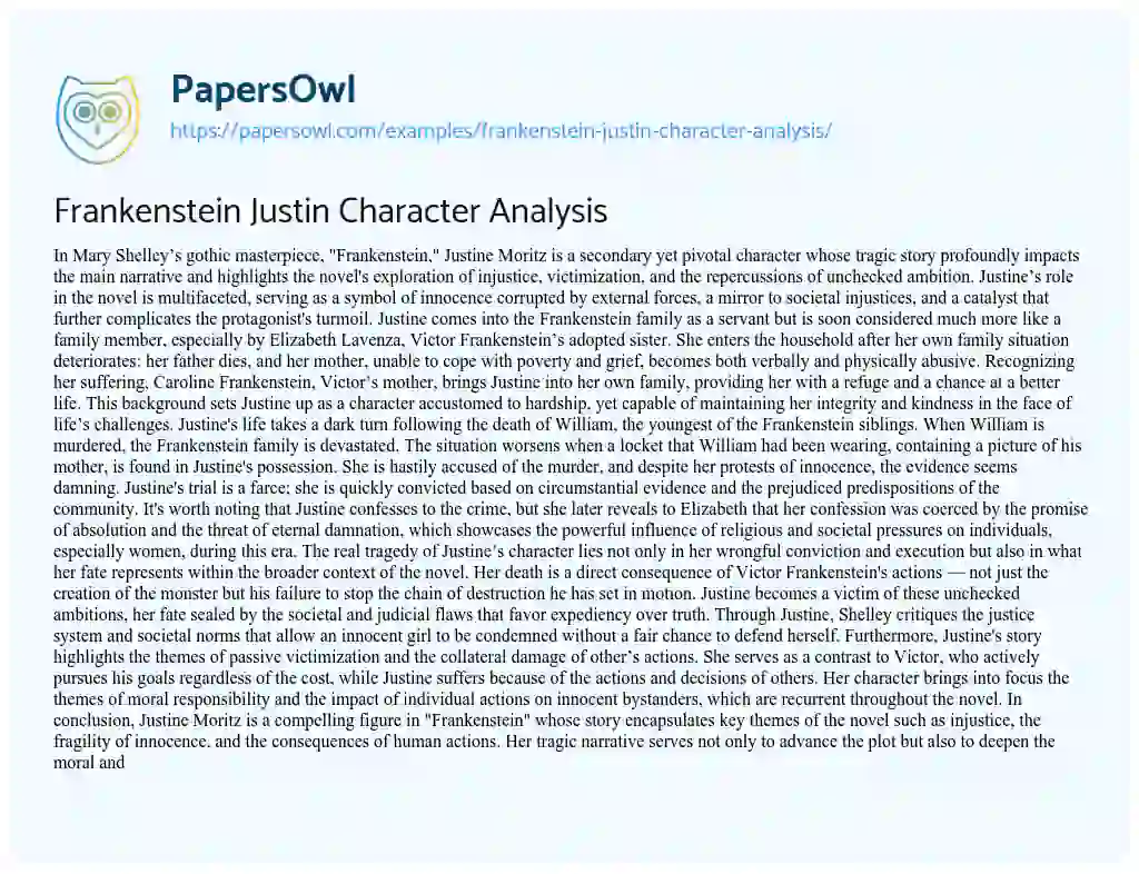 Essay on Frankenstein Justin Character Analysis