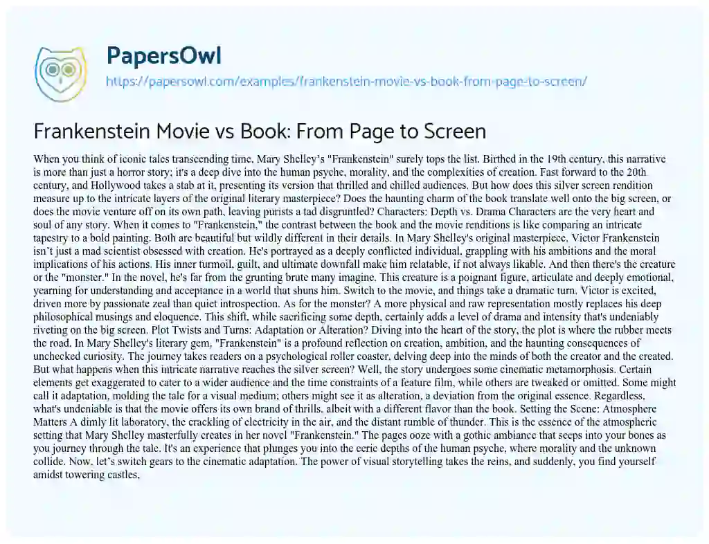 Essay on Frankenstein Movie Vs Book: from Page to Screen