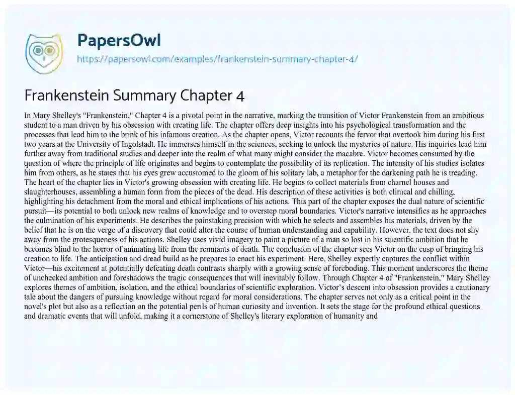 Essay on Frankenstein Summary Chapter 4