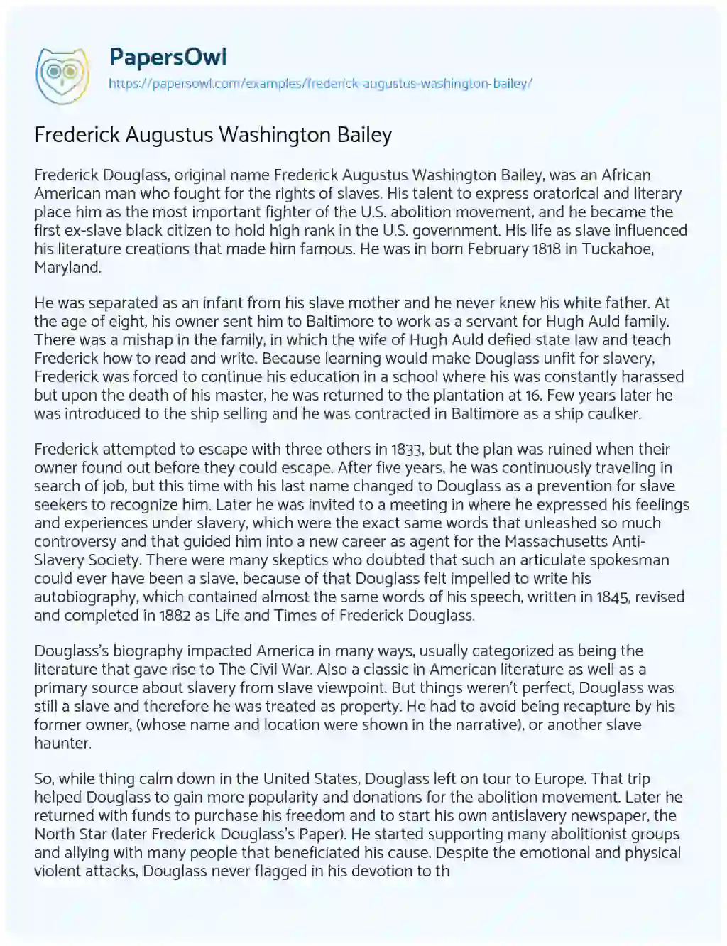 Essay on Frederick Augustus Washington Bailey