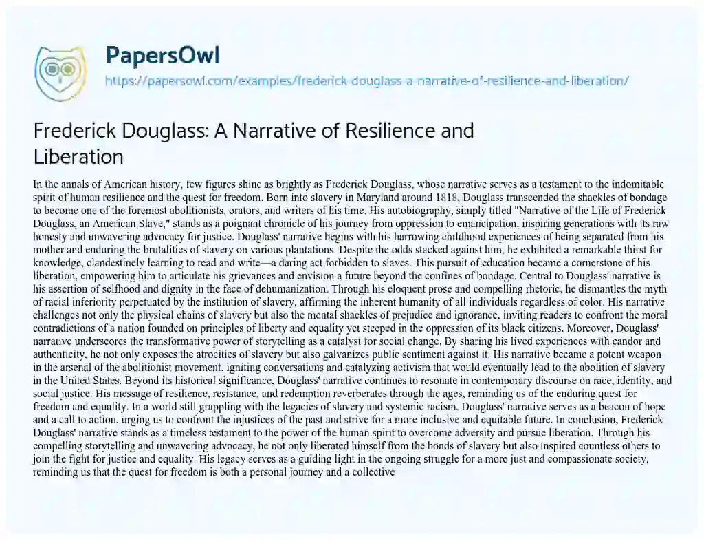 Essay on Frederick Douglass: a Narrative of Resilience and Liberation