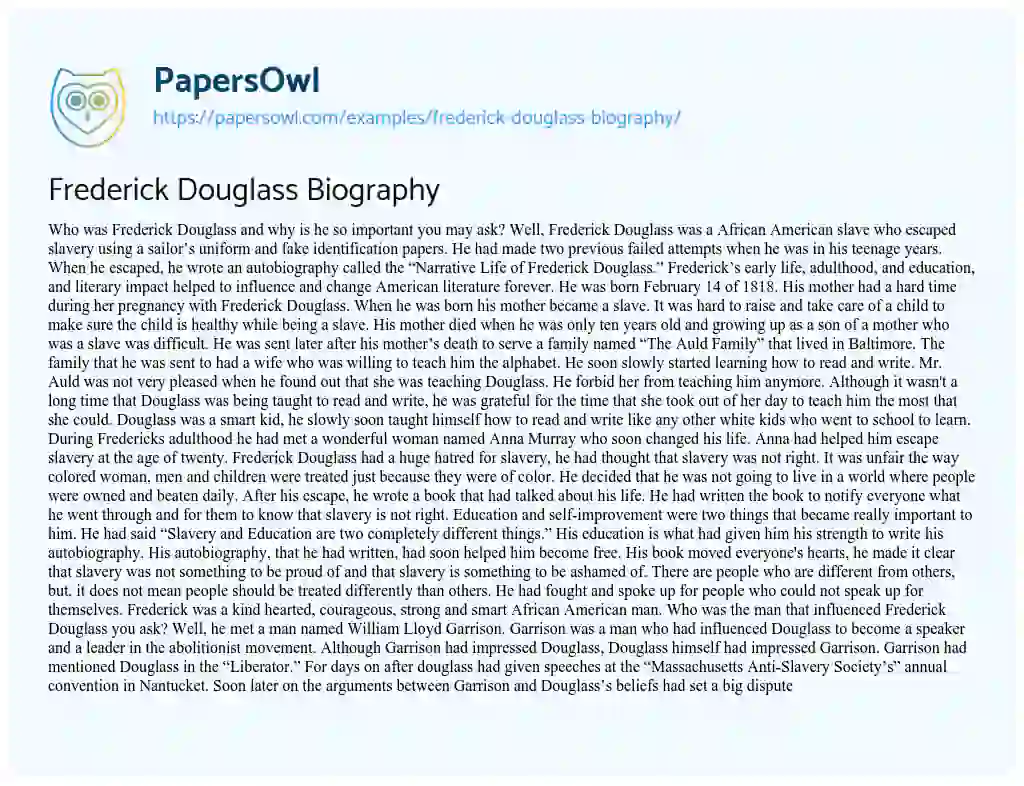 Essay on Frederick Douglass Biography