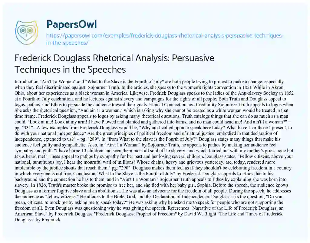 Essay on Frederick Douglass Rhetorical Analysis: Persuasive Techniques in the Speeches